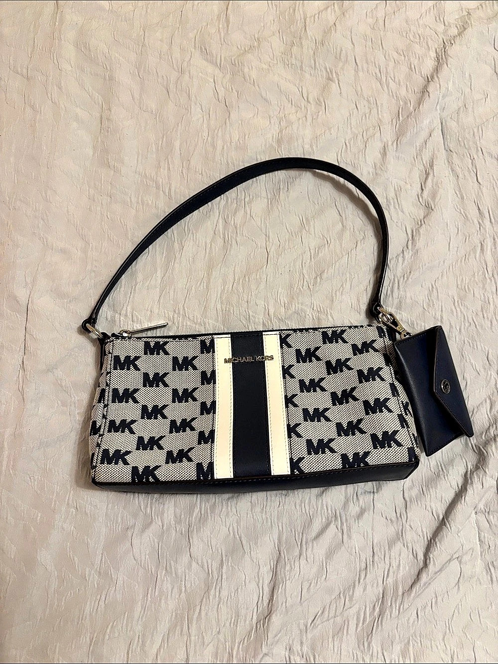 Michael Kors Jet Set Small Signature Logo Stripe Crossbody Bag Navy & White